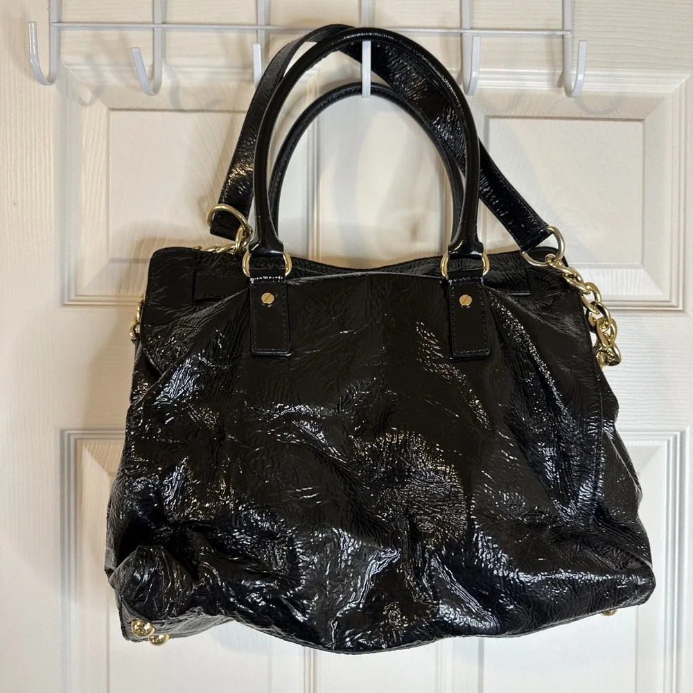 Michael Kors Black Large Satchel Top Handle Lock Chain Strap Gold Hardware